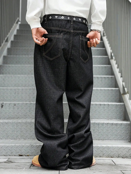 Men's Fashion Trend Casual Patchwork Distressed Flared Black Jeans, Loose, Comfortable, and Breathable Style.