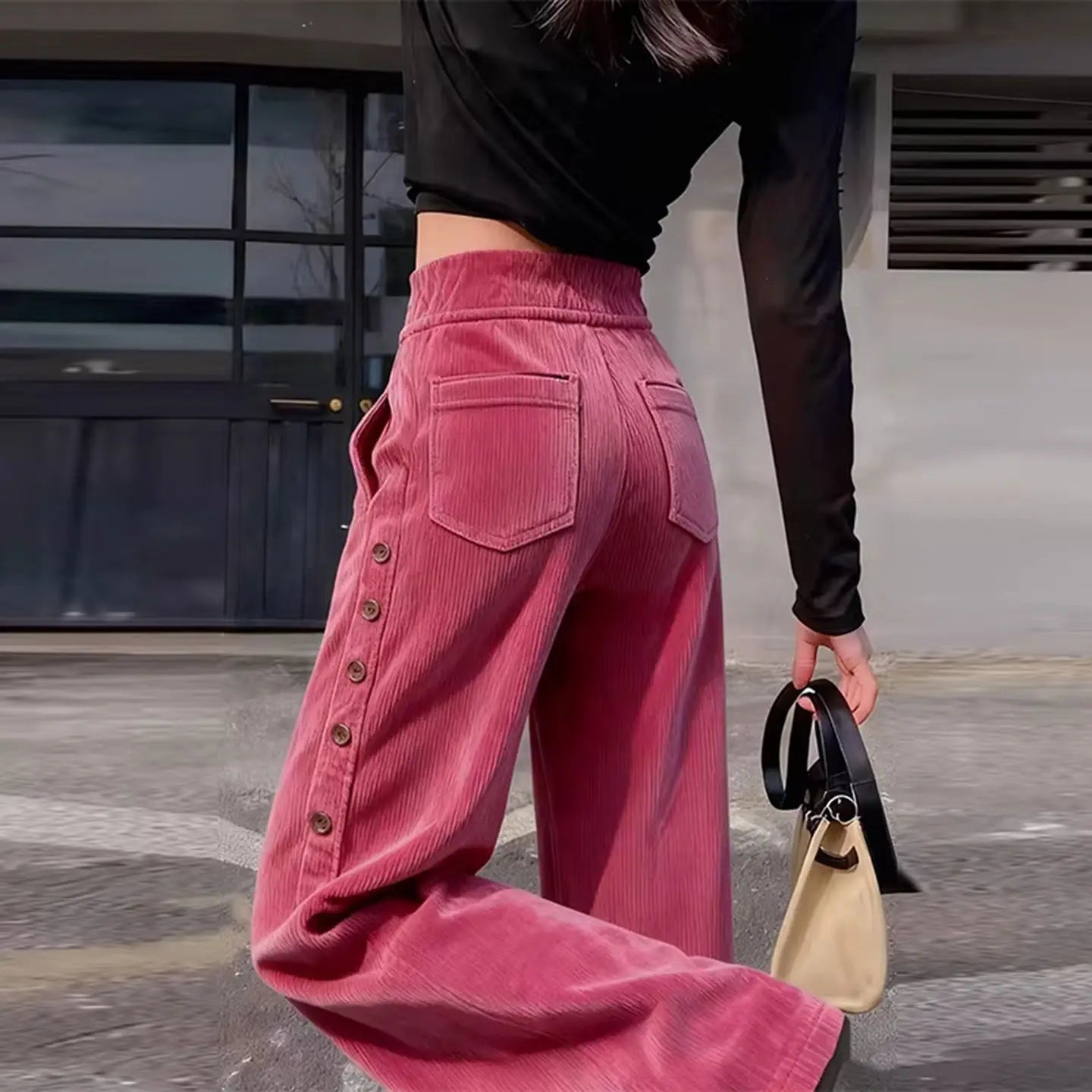 Korean Style High Waist Thickened Corduroy Wide Leg Pants Women's Winter New Style Side Button Long Trousers Casual Pants