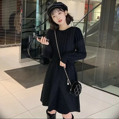 High Waist A-Line Knitted Dress Long Sleeve Base Layer Shirt Waist Cinched Black Dress Autumn Wear Korean Style Commute Dress