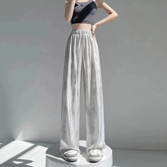 Summer Thin Ice Silk Satin Dyed Wide Leg Pants Women Loose Casual Drape High Waist Slimming Pants Ins Straight Leg Elastic Wa...