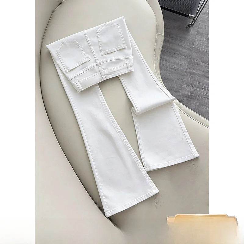 White Slim Fit Straight Leg Jeans Men's American High Street Style Micro Flared Pants Youth Casual Wear All Seasons