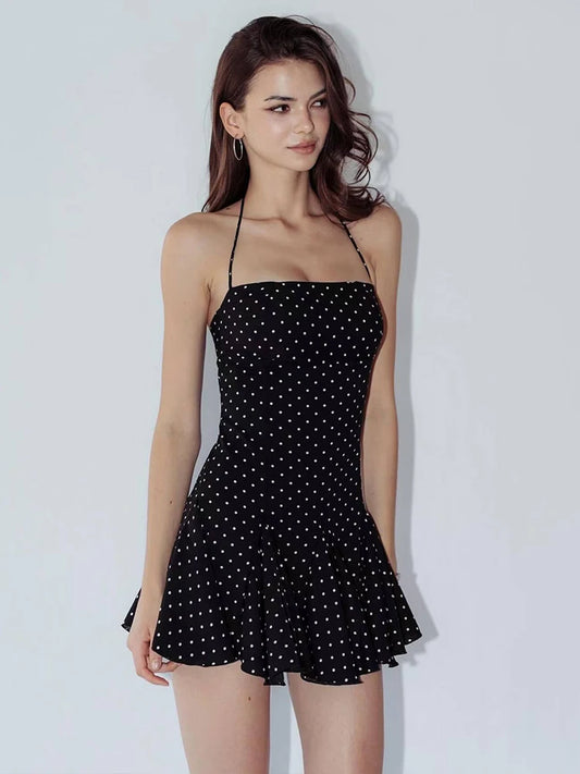 Nibber Polka Dot Print Dress Women Halter Backless Skinny Folds Elegant Temperament Party Fashion Summer Classic Mini Bodycon