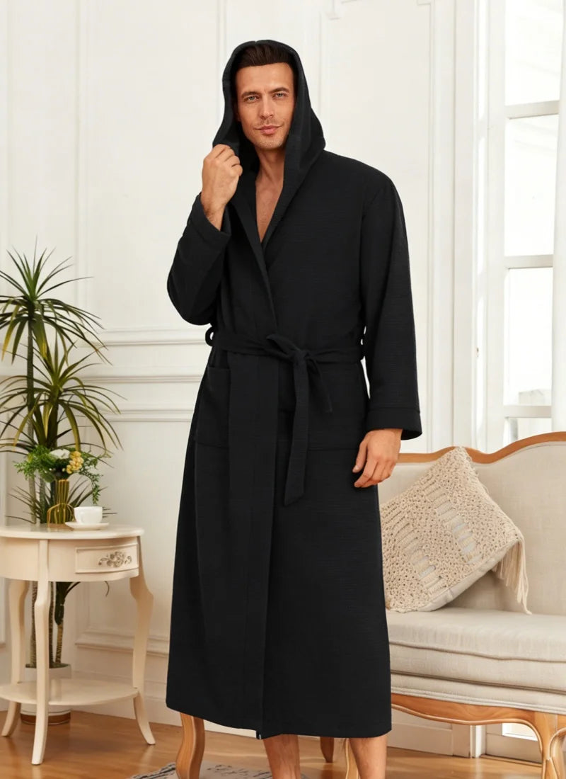 Mens Waffle Knit Hooded Bathrobe Navy Blue Kimono Style with Belt Pockets Soft Lightweight Spa Loungewear for Shower Hotel Home