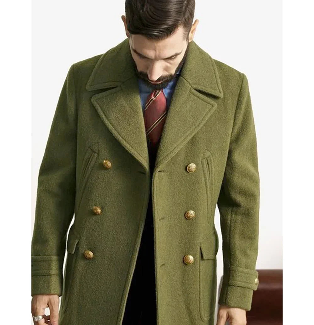 Business Green Men Tweed Jacket Trench Coat Party Mid-length Overcoat Double-breasted Spring Autumn Coat Design Men's Clothing