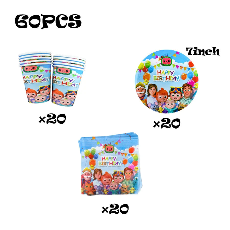 Cocomelon Birthday Party Decoration Tableware Set Birthday Cup Plate Napkin Tablecloth Cake Topper Balloon Party Favors Gifts