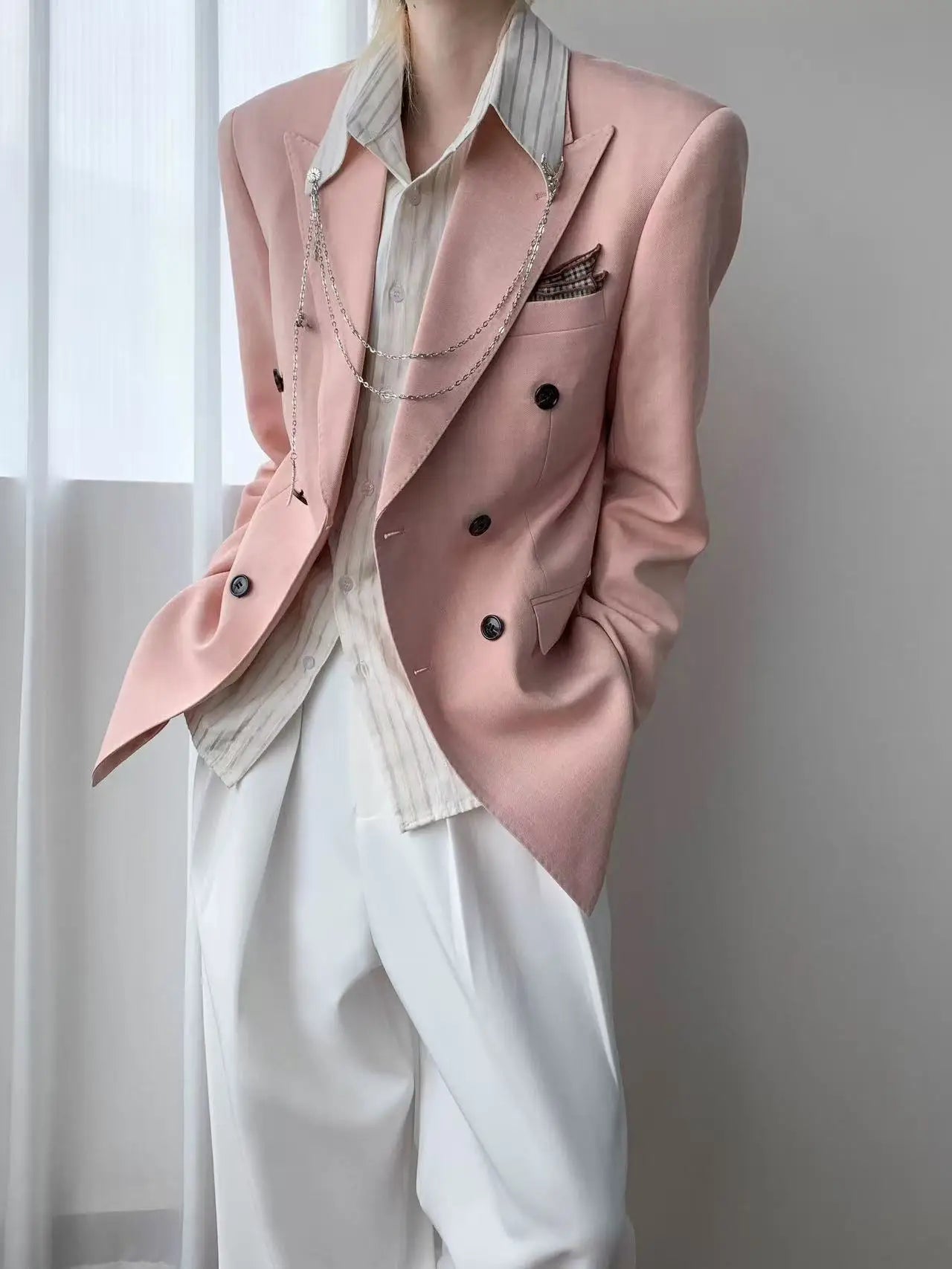 Korean Style Unisex Oversized Blazer Men Women Dusty Pink Casual Suit Jacket Streetwear Loose Office Party