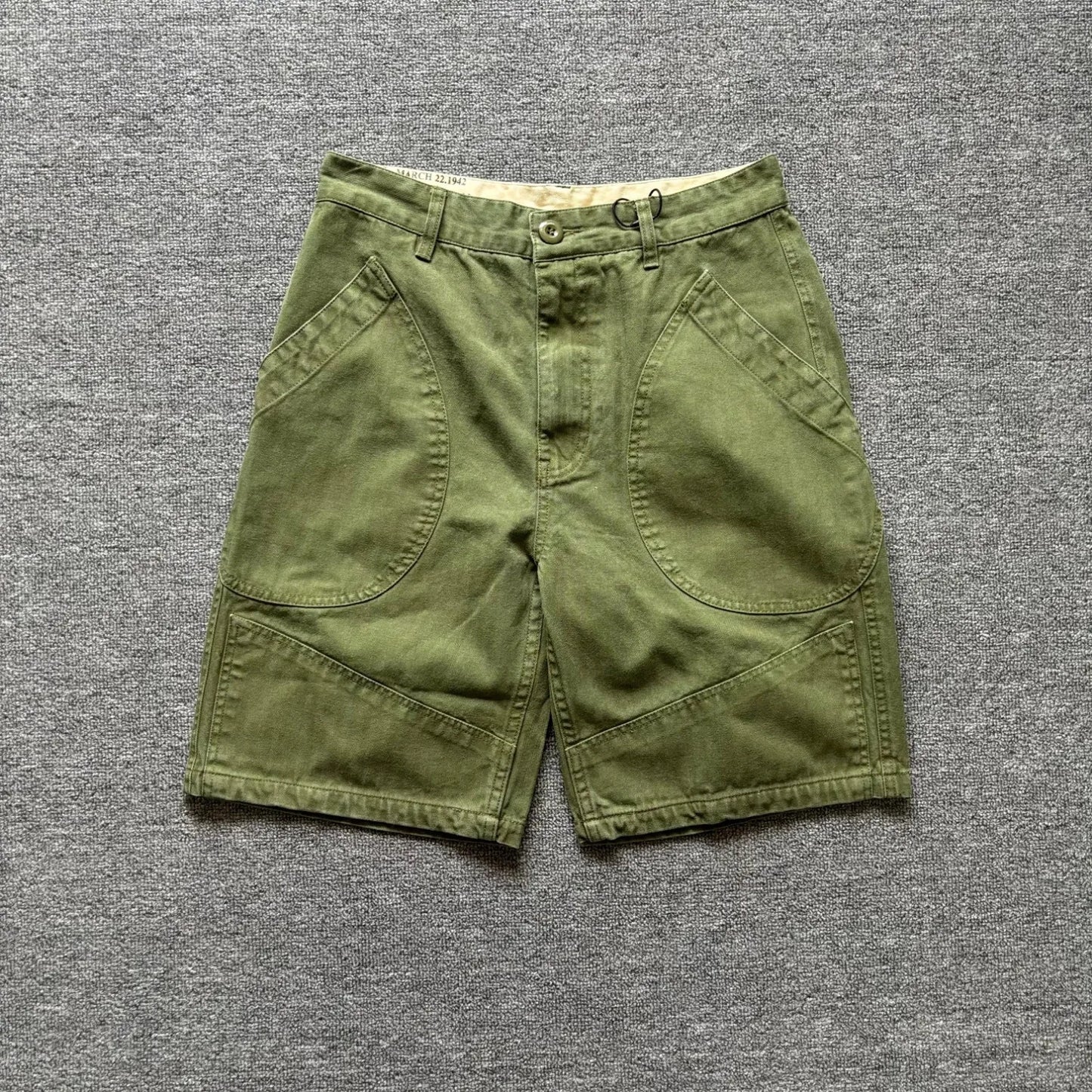 American retro herringbone pattern cargo shorts for men with large pockets, loose straight leg pants, summer casual