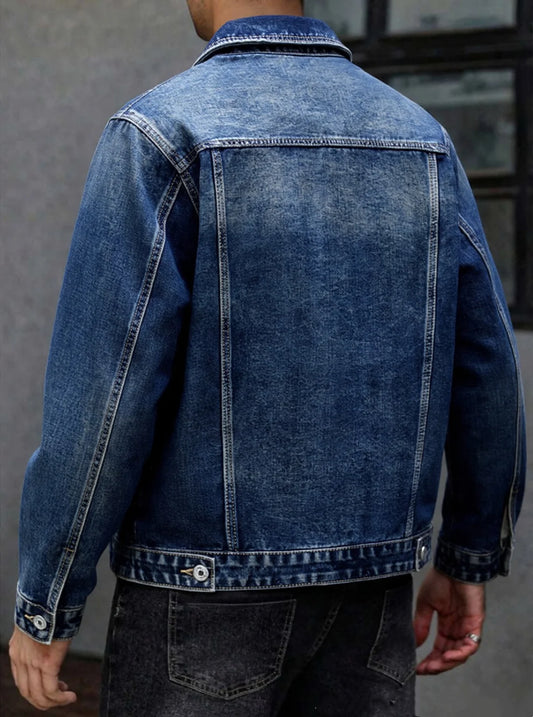 American style multi pocket denim jacket for men blue grey vintage washed loose fitting versatile trendy workwear jacket