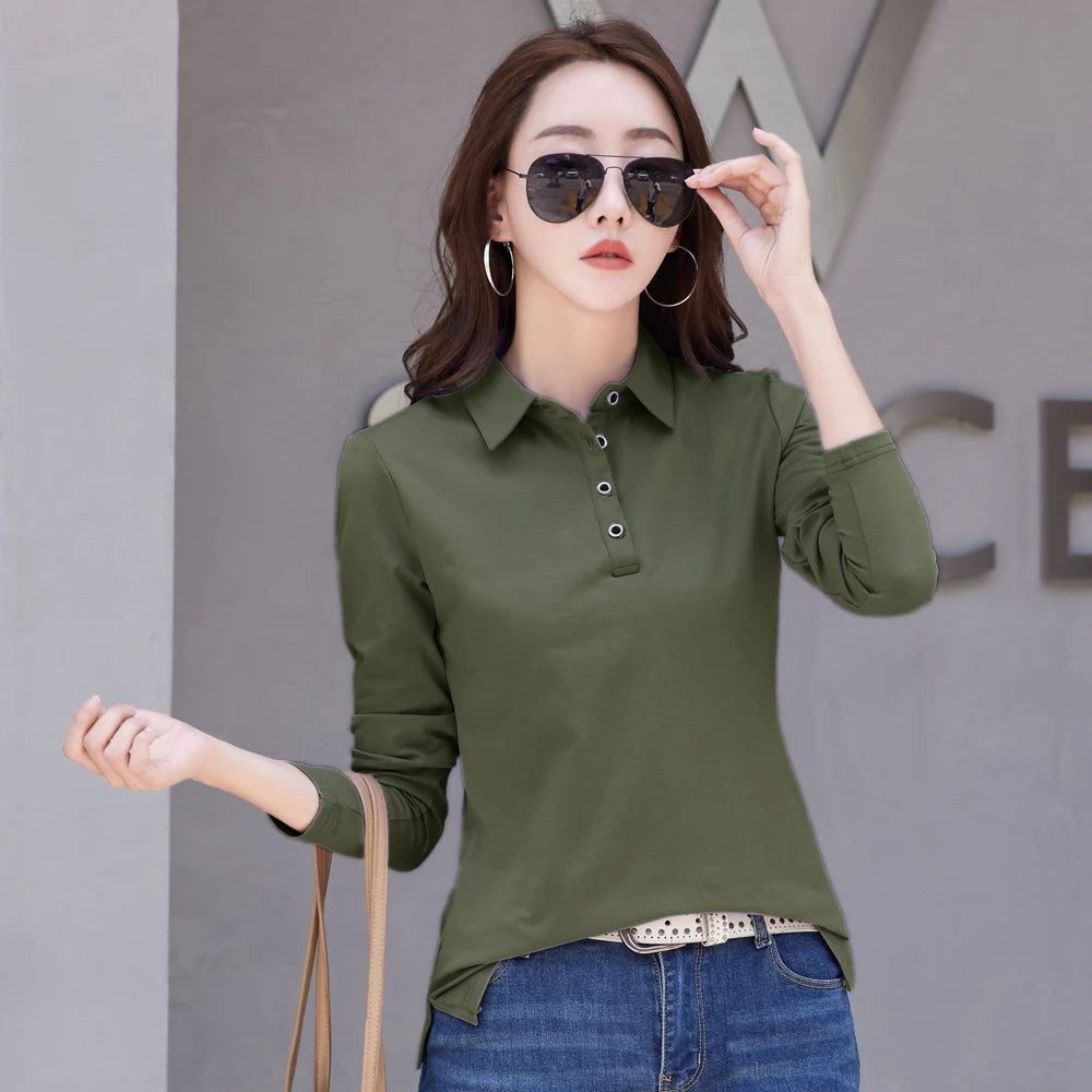 Autumn New In Basic T Shirt Long Sleeve Cotton Plus Size Cotton Polo T- Shirt Women Button Casual Office Lady Formal Women Tops