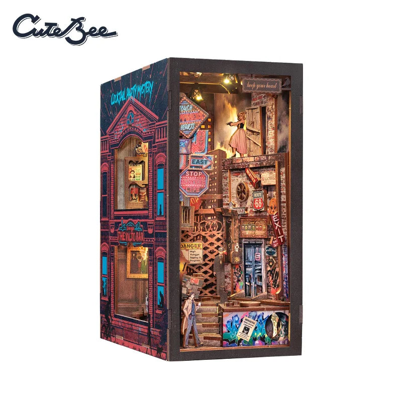 CUTEBEE DIY Book Nook Kit The Long Goodbye Detective Series Miniature Dollhouse with LED Light Dust Cover 3D Wooden Puzzle Books