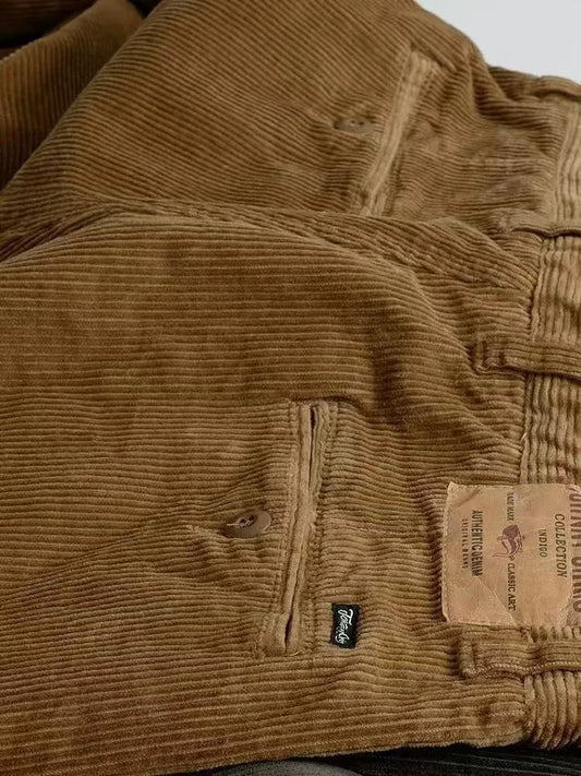 New Vintage Corduroy Straight Leg Work Pants Men's Warm Casual Loose Long Trousers Autumn Winter Fashion Polyester Fiber