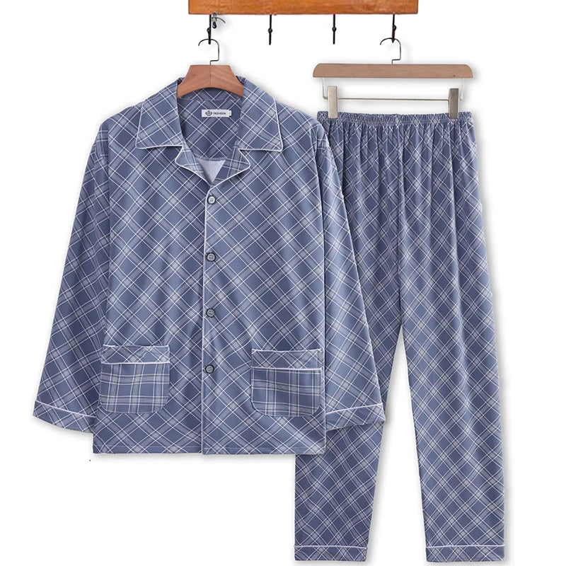 Men's Pajamas Spring Fall and Winter Plaid Printed Long-Sleeved Casual Home Wear Sleepwear 2 Piece Set Big Size Soft Loungewear