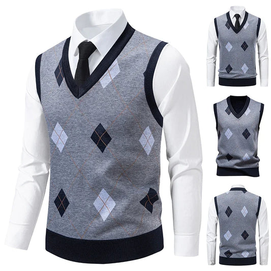 Men's Knitted Warm Sweater in Autumn and Winter V-neck Vest Diamond Grid Twisted Flower Casual Fashion Versatile Top