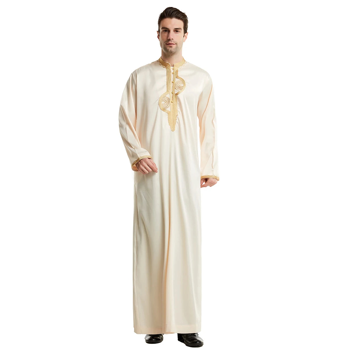 TH819 Men's Muslim Middle Eastern Men Long Sleeves Stand Collar Silk Emboridery Robe Male Ramadan Eid Jubba Thobe