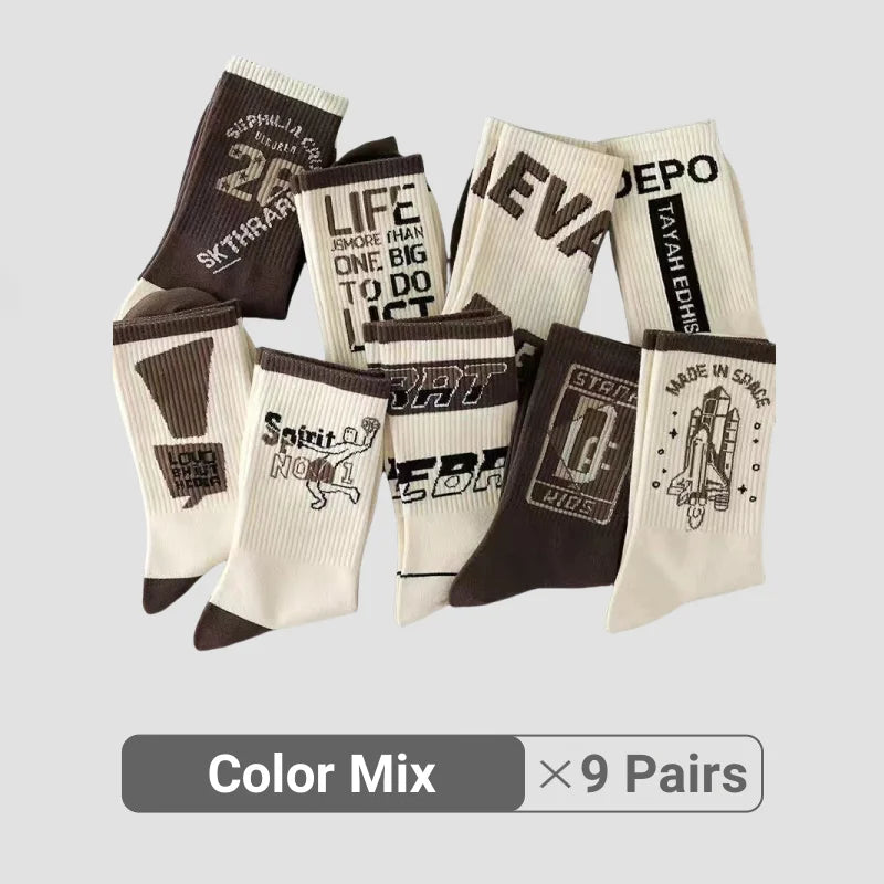 2/3/5/7/9 Pairs Men Women Mid-Calf Socks Moisture-Wicking Anti Odor Casual Sports Retro Basketball Graffiti Alphanumeric Socks