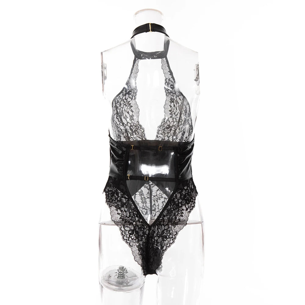 S-XXL Halter Backless Lace Transparent Swimsuit Tight Faux PU Leather High Cut Thong Bodysuit Sexy Clubwear Body Teddies Leotard