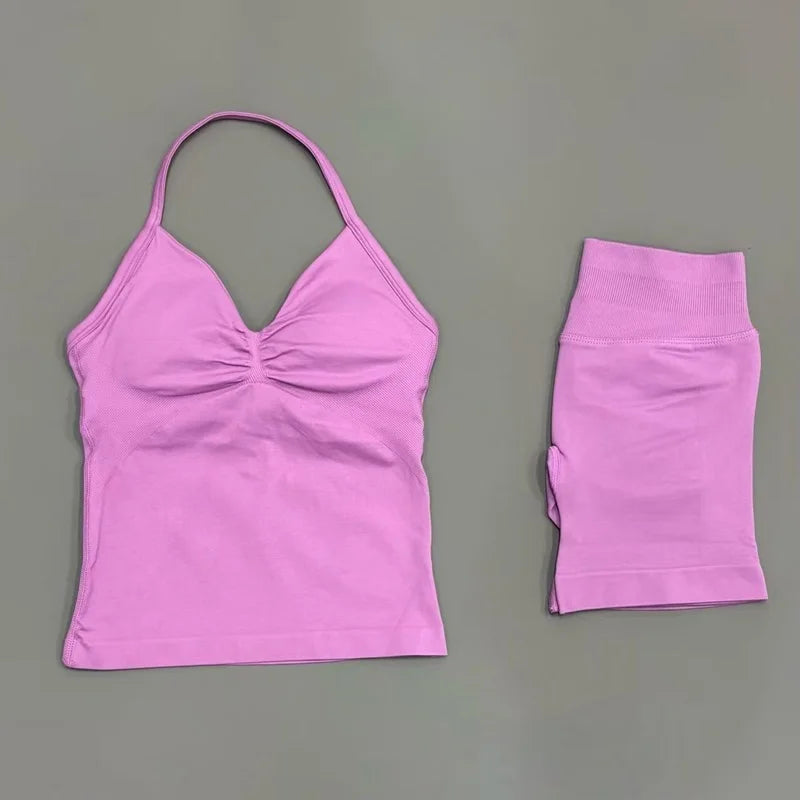 HISTELLO 2 Pieces Sports Set Women Yoga Longline Strap Top Scrunch Seamless Shorts Sport Gym Set Sportswear Workout Fitness Set