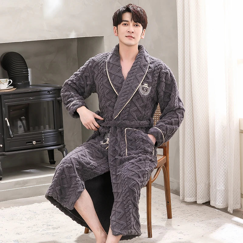 Men Sleepwear Robe Winter Flannel Thicken Terry Robe Male Long Sleeve Kimono Warm Bathrobe Home Wear Peignoir Men Robe