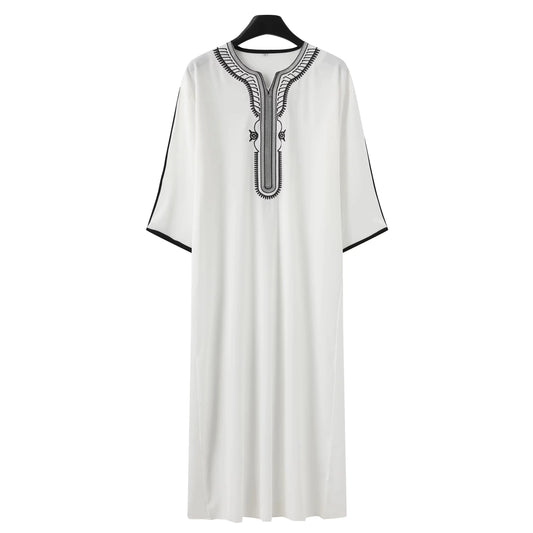 Moroccan style Muslim men's long robe white elegant exquisite embroidery men's long robe casual simple robe