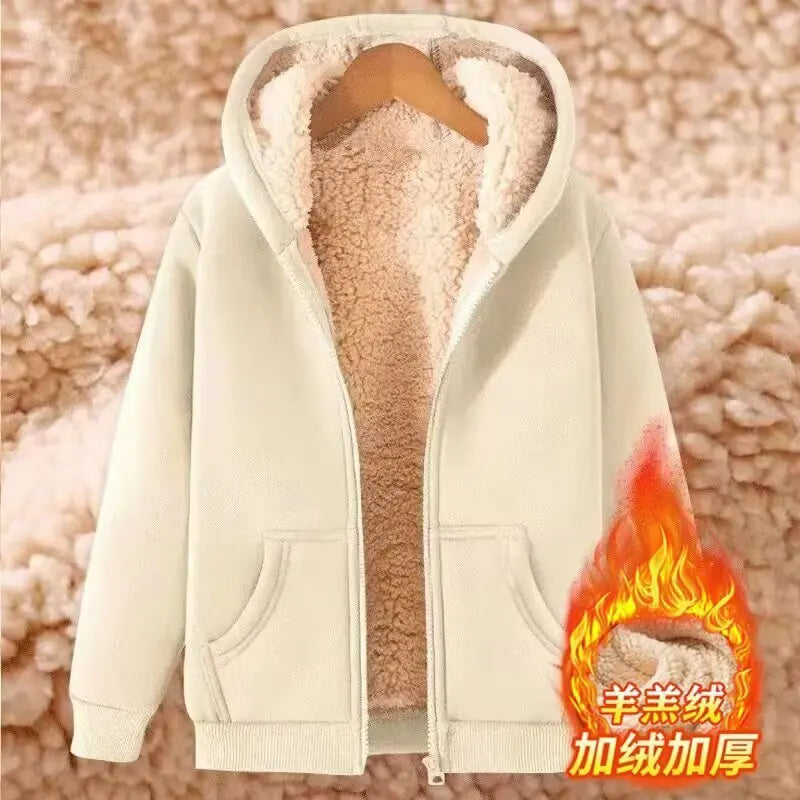 Ladies Large Size American Style Lamb Velvet Hoodie Zipper Cardigan Outerwear Autumn Winter Thickened Long Sleeve Casual Wear