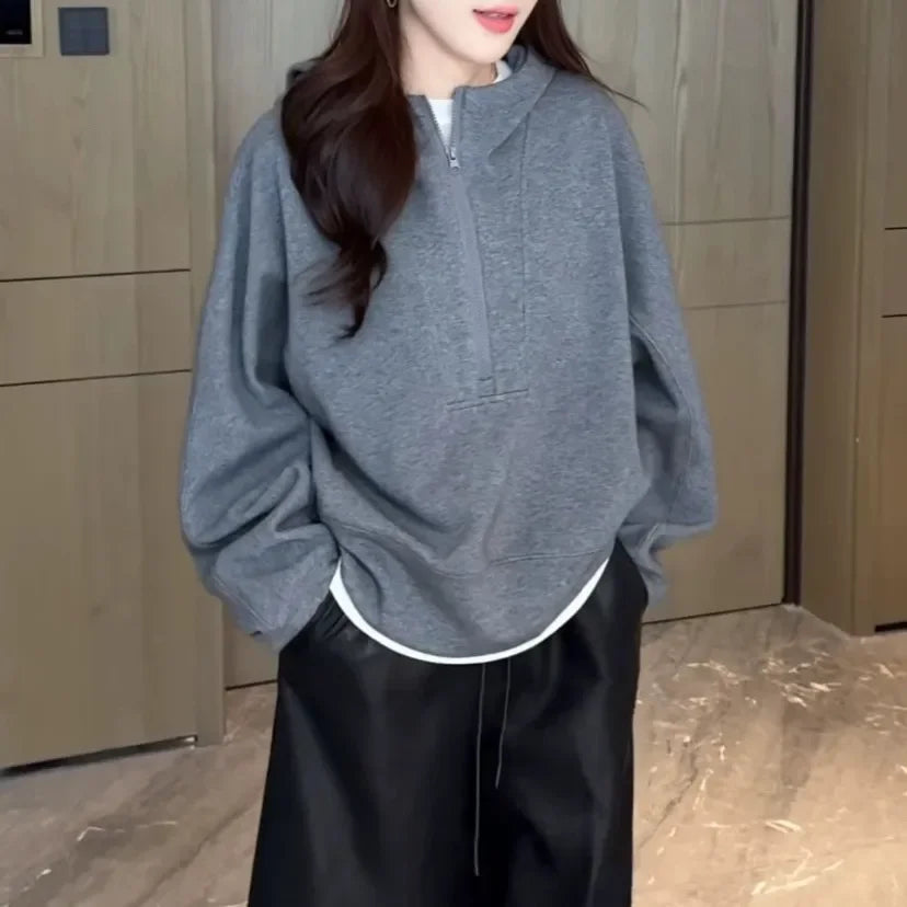Autumn Winter Warm f Zip Pure Color Hoodie Jaet Women's New 2025 High End Lazy Sle Long Sve Comfortable Velvet Swea...