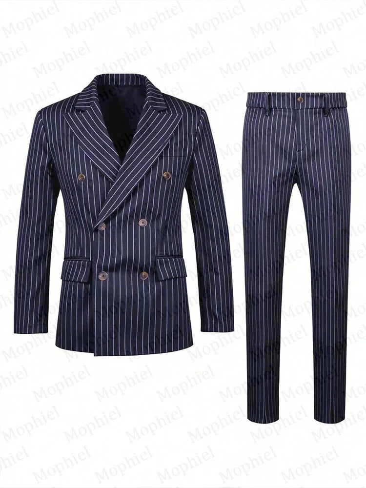 Burgundy Pinstripe Men Suits 3 Pieces Peaked Lapel Double Breasted Slim Fit Groom Suit Tuxedo Office Business Blazer Customized