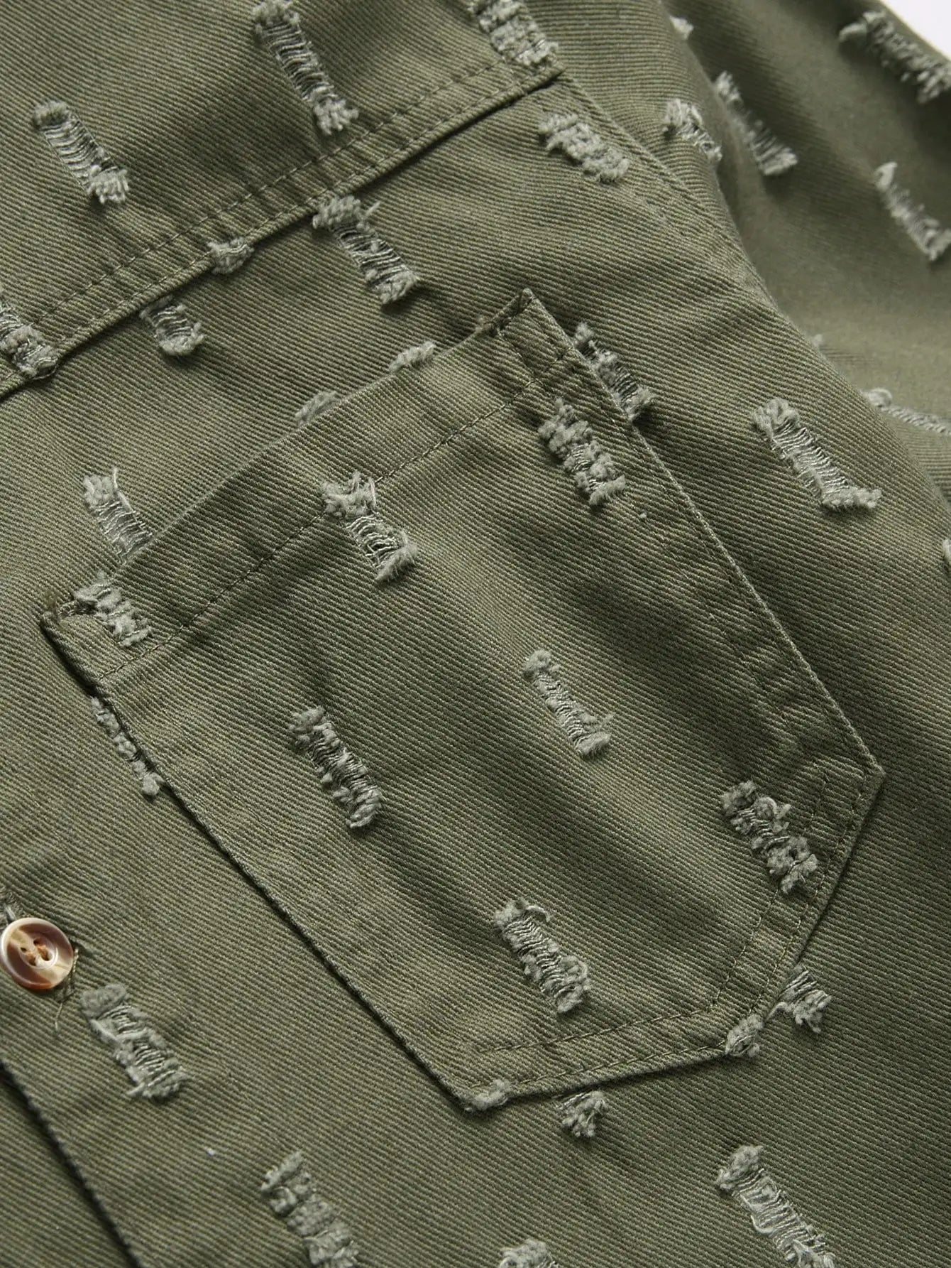 Men's Army Green Textured Ripped Long-Sleeve Denim Shirt, Vintage Casual Lapel Workwear Shirt with Chest Pocket