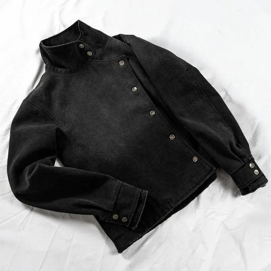 Y2k Fencing Jacket Vintage Wash Gradient Irregular Buttons Unisex Jacket Gothic Harajuku Streetwear Canvas Cotton Casual Jacket