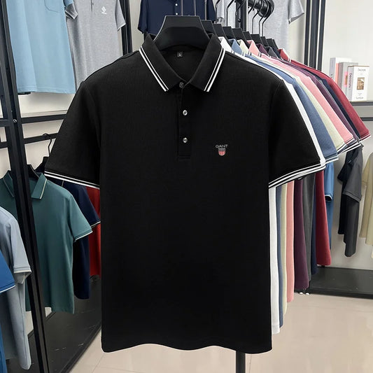 Summer men's exquisite embroidered short-sleeved POLO shirt 100% cotton breathable striped lapel daily business casual T-shirt