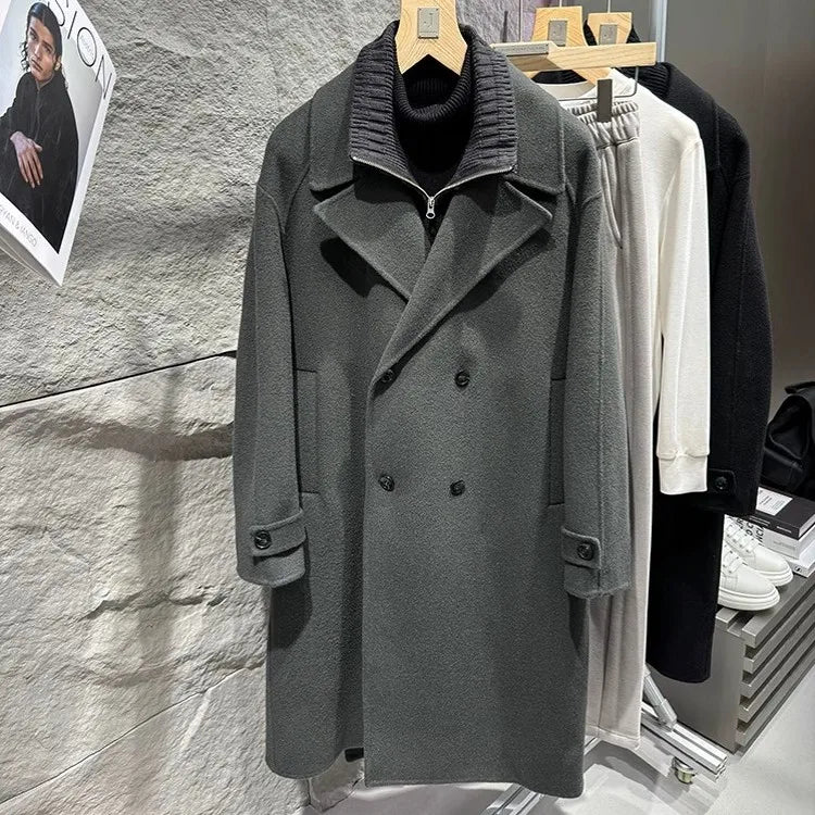 Business Men Winter Work Double Sided Woolen Detachable Knitted Collar Trench Coat Belt Double Breasted Wool Blends Windbreaker