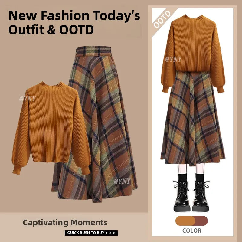 Autumn Winter Women's Knitted Sweater And Slimming Skirt Two-Piece Set Vintage Style Long Sleeve Casual Wear Polyester Fiber