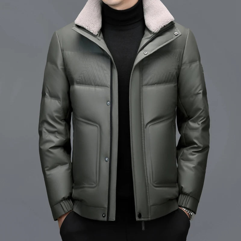YX-6502 Men's Genuine Leather Down Jacket Winter New Sheepskin Stand Up Collar Leather Jacket Casual Thick Warm Jacket Trend