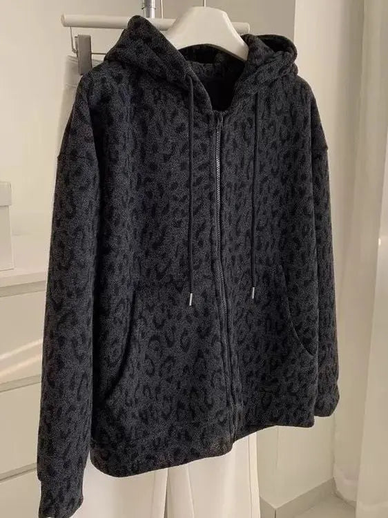 plus Size Women's Hooded Fleece Lined Thickened Cardigan Coat Leopard Print Warm Sweatshirt Loose Fit Autumn Winter Outerwear