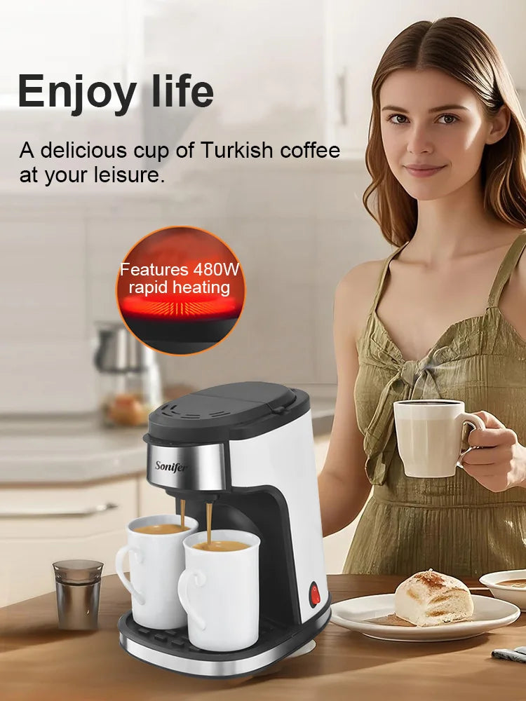 Sonifer 2-Cup Drip Coffee Maker SF-3540 (240ml), 450W, Includes 2 Porcelain Mugs, Reusable Filter, One-Touch Control