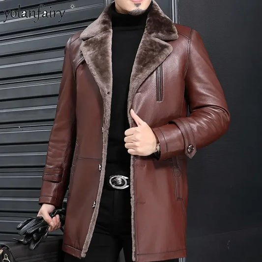 YOLANFAIRY Natural Leather and Fur Jackets for Men Midium Pure Sheepskin Genuine Leather Jacket Lapel Mens Winter Coat Thick 6XL