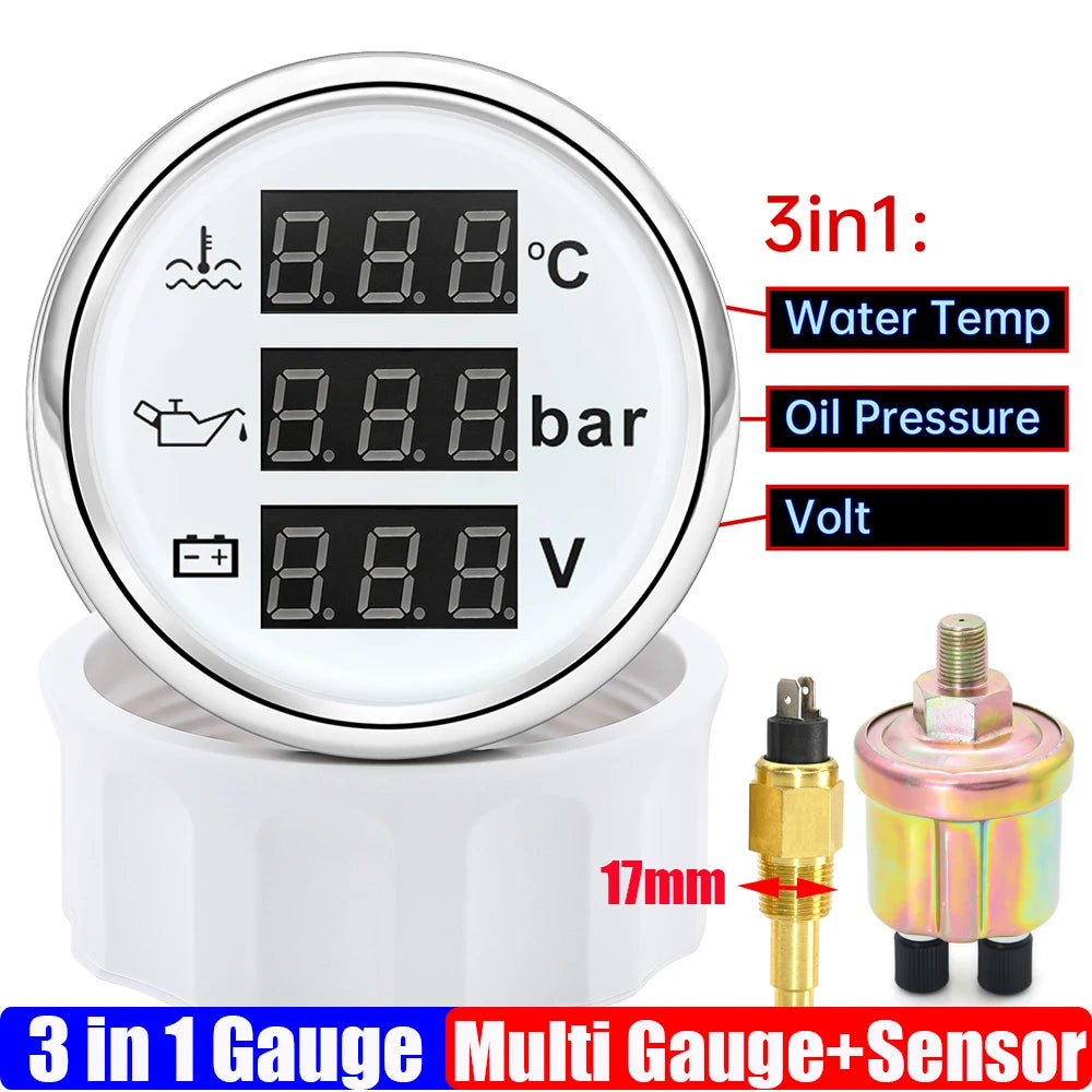 3 In 1 Digital 52mm Gauge with Alarm 0~120℃ Water Temperature Gauge+Oil Pressure+Voltage with Oil Press/Water Temp Sensor Custom