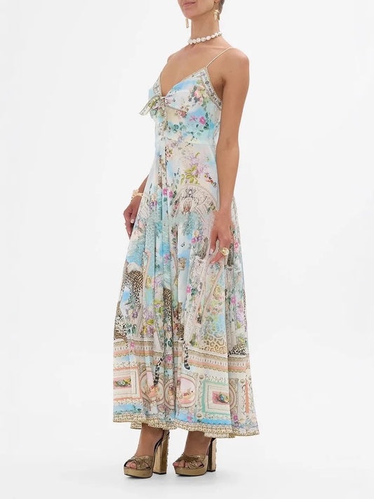 Sexy Strapless Printed Holiday Dress CML Australian Retro Oil Painting Print V-Neck A-Line Midi Dress Polyester Fiber Summer