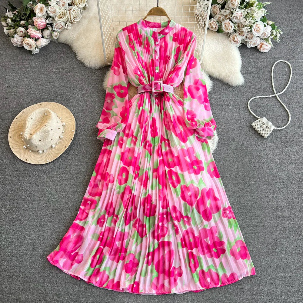 Ele Vintage Long Sve A-Line Printed Gown with Pleated Skirt And Slimming Waist Design for Young Women Korean Sle Com...
