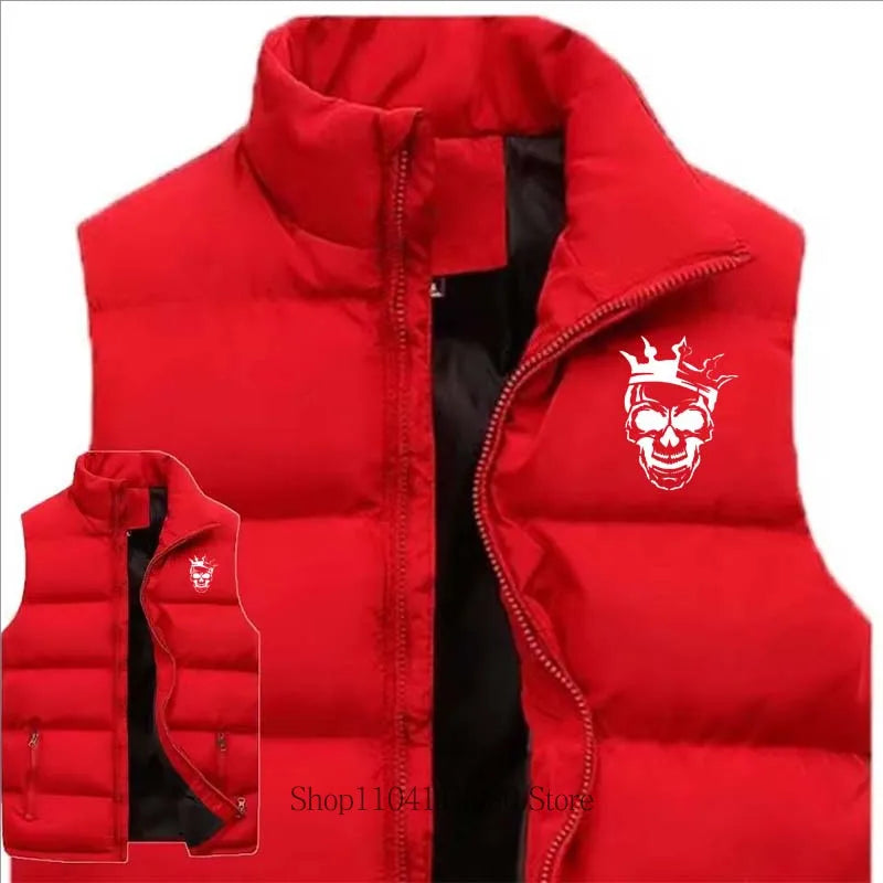 New Men Clothing Skeleton Printed Vest Autumn Winter Casual Fashion Mandarin Collar Zipper Sleeveless Warm Jacket Vest Coat