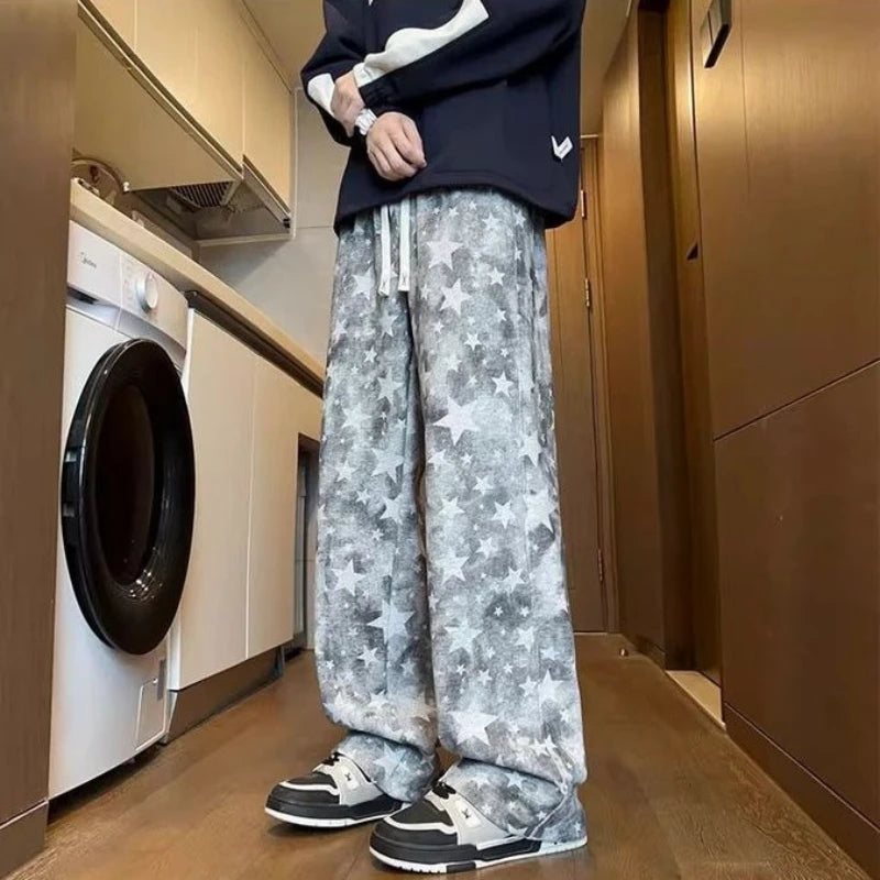 Youth Casual Tie Dye Star Joggers Straight Leg Loose Sports Pants Trendy Oversized Design for Autumn Winter Soft Draping Fabric