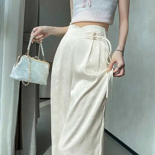 High Waist Loose Straight Pants with Button Knot Pocket New Chinese Style Satin Wide Leg Pants Spring Summer Trousers Pink Black