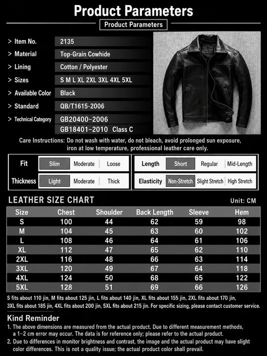 Men's Genuine Cowhide Leather Jacket Black Lapel Biker Coat Slim Fit Wind Proof Motorcycle Zip Up Casual Autumn Winter Outerwear