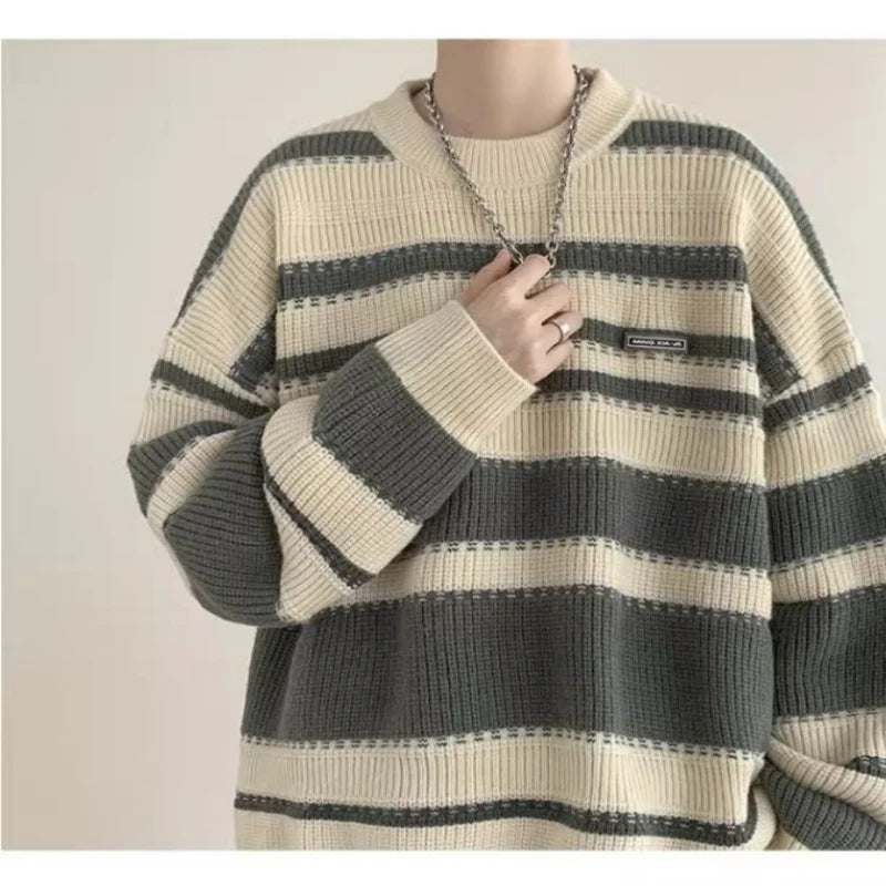 Men's autumn and winter knitted sweater jacket new style for teenagers, couple's sweater for boys, lazy and loose striped