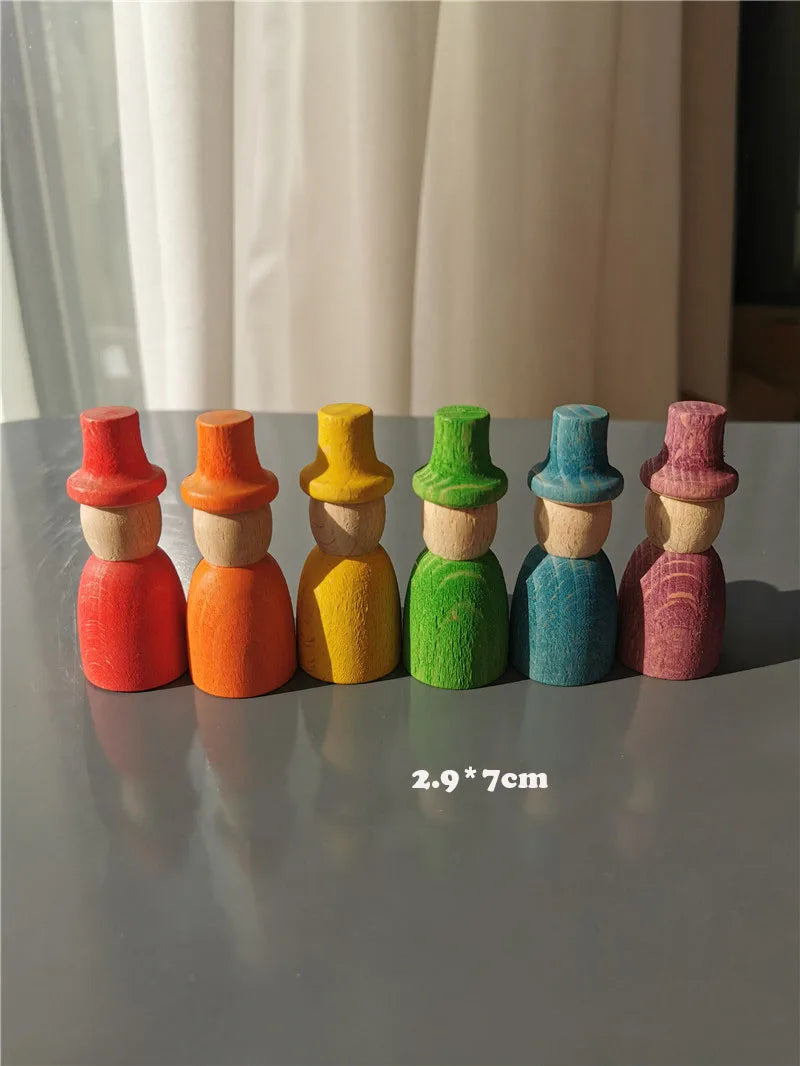 Rainbow Wood Peg Dolls Pastel Color Wizard Figures Montessori Toy For Kids Block Play