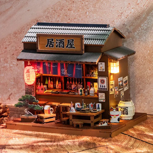 DIY Wooden Miniature Model Kits Mini Casa Japanese Restaurant 3D Puzzle Doll Houses With Furniture for Friends Birthday Gifts