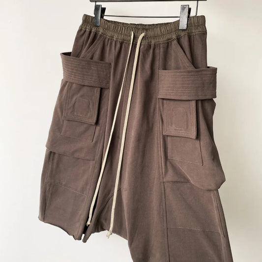High Street RO Black Double Ring Workwear Shorts Men Multiple Pockets Frayed Edges Loose Crotch Five Quarter Pants