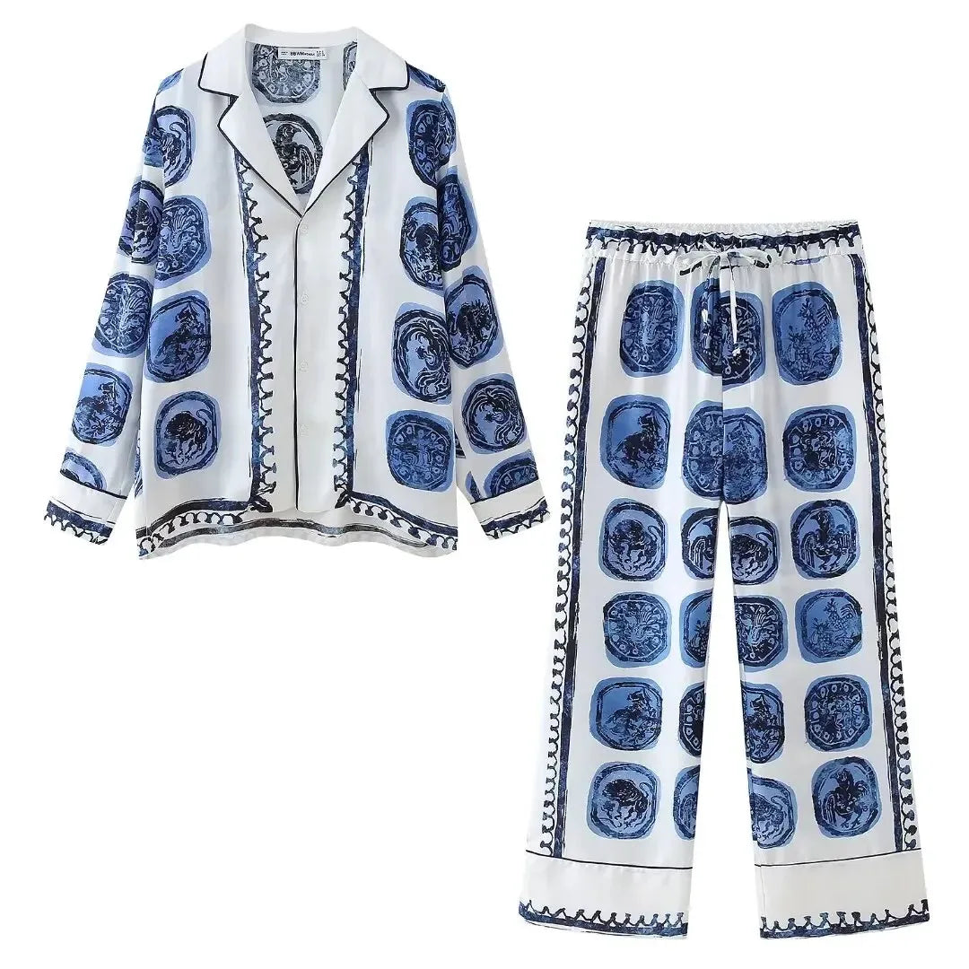 KONDALA Vintage Casual Print Women Suit Single Breasted V Neck Shirts+Loose Wide Leg Long Pants Fashion 2024 Autumn Women Sets