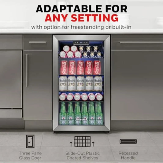 Beverage Refrigerator and Cooler, Mini Fridge with Glass Door for Soda Beer or Wine in Office or Bar Use, Stainless Steel, Blac