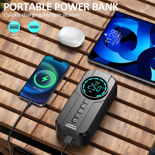 Car Jump Starter with Air Compressor Peak Auto Battery Booster 150PSI Air Pump Portable Power Bank Tire Inflator Lighting