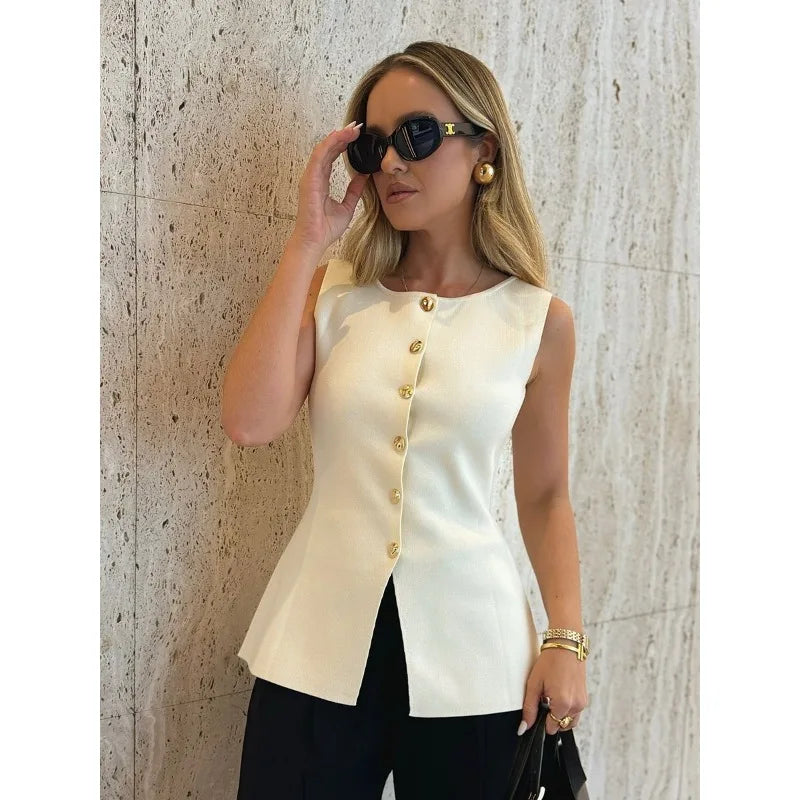 New Women's Tank Top Clothes Women's Fashion Gold Button Embellished Knit Undershirt